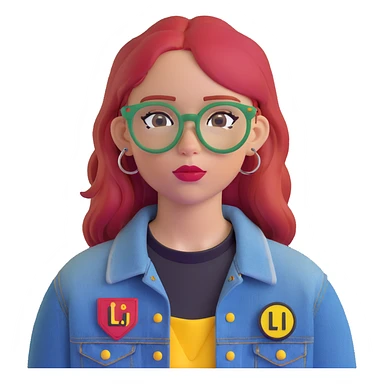 young woman, straight red hair, blue glasses, black choker, septum ring, denim jacket, yellow-red patch 'LIB', neutral cute expression sticker