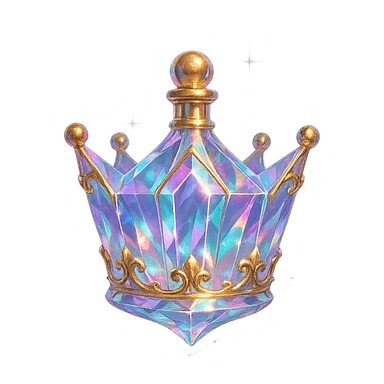 premium class crystal elixir bottle shaped like a crown, pastel gradient, lots of glowing highlights, facets, ornaments, golden details, magical effects, very small golden neck, transparent background, beautiful merging base, clearly floating in air, no base or shadow, very luxurious, interesting, fits collection sticker