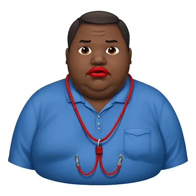 an extremely obese man with extremely dark skin and giant red lips wearing a blue-and-gray shirt and a noose around his neck sticker