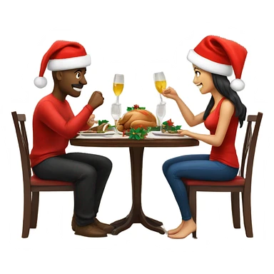 emoji Sports couple , a man and a woman in sportswear, sitting at the Christmas dinner table with a red Christmas hat sticker