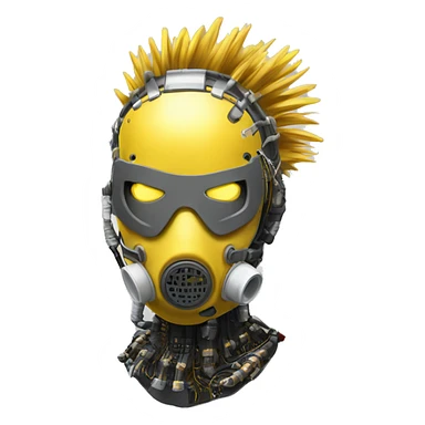 Dark yellow Mohawk female cyborg head with white respirator mask and circuits sticker