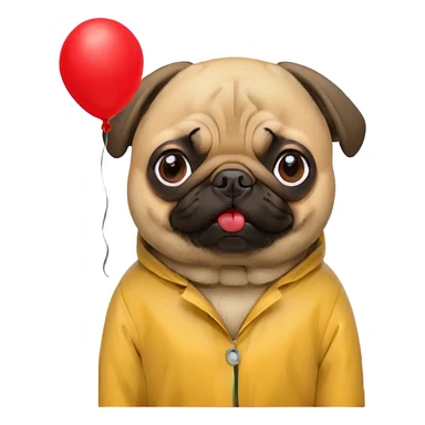 pug in a yellow raincoat holds a red balloon like the boy from the movie "It" sticker