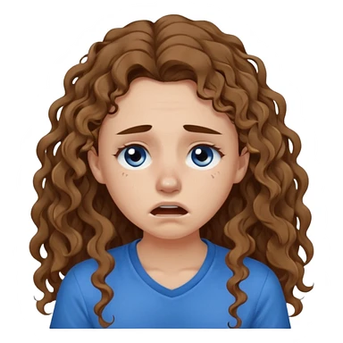 white young curly long hair girl, brown hair, with a blue shirt, in despair crying, brown eyes, septum sticker