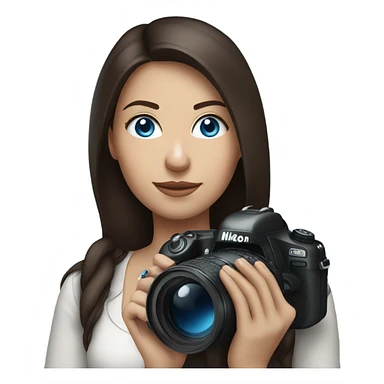 Portrait of woman with blue eyes and dark brown hair holding a nikon camera sticker