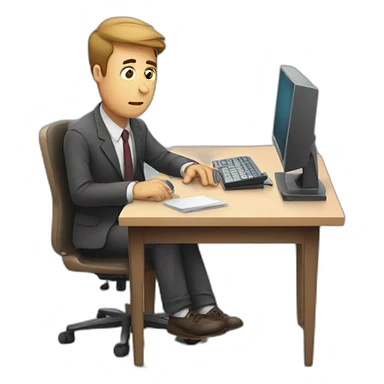 tired teacher man trying to work in a table with a computer sticker