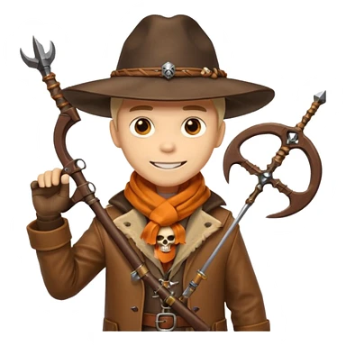 male human monster hunter emoji, wearing brown leather coat and wide hat, holding crossbow or rifle, with amulet shaped like skull, Halloween fantasy theme, confident smile, orange scarf, Apple emoji style, clean white background, square image sticker