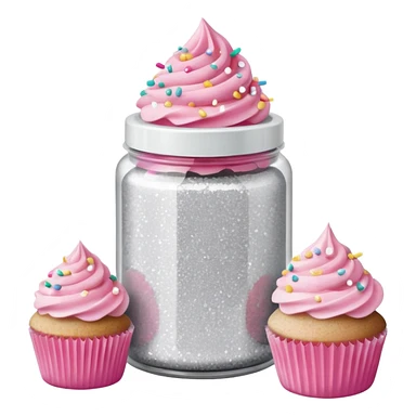 silver glitter in a small clear circular container with white lid next to a can of sprinkles and pink cupcakes  sticker