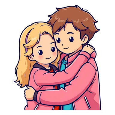 Garota loira fofa usado uma blusa rosa abraçando um garoto de cabelo castanho ondulado usando uma jaqueta vermelha  sticker