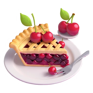 Exact copy of a slice of cherry pie with golden crust and glossy cherry topping, on a plate with a fork, two cherries in the background, same arrangement and details as reference, no text or watermark, checkered tablecloth background, in 3D iOS 18 emoji style. sticker
