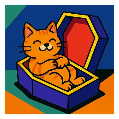 a cat in a coffin, vibrant cartoon style sticker