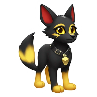 black Shiny Fionbri-Falvie-sparkle-sona with yellow eyes, red edgy markings full body fursona sticker