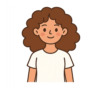 flat-toon style girl with curly chestnut hair wearing a white t-shirt, no background sticker