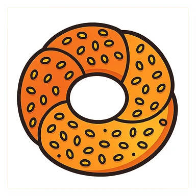a simit, Turkish sesame bagel, playful cartoon style, exaggerated roundness, lots of sesame seeds sticker