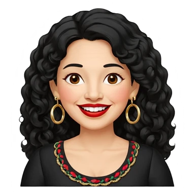 60 yr old Mexican woman, slightly chubby, wavy/curly long black hair, red lipstick, big smile, white teeth, brown eyes, hoop earings, side part to hair, round face, pretty white dress, hair side swept, big hoop earing sticker