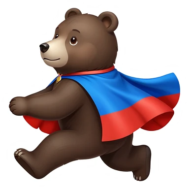 Dark brown bear walking on four paws with Russian tricolor flag (white, blue, red) flowing like a cape over its back and shoulders sticker