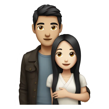 Asian girl with white skin, long dark hair and asian boy with white skin hug together  sticker