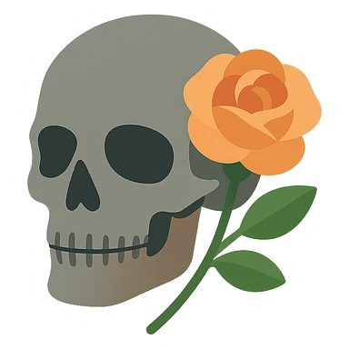 A dark, light grey skull with sharp, angular features and a mysterious, haunting aura, featuring a rose delicately placed in one of its hollow eye sockets. The skull is in shades of grey, accented with soft tones of golden orange (FA9B41), forest green (4A7C5C), muted taupe brown (96775A), and pastel peach (FFCC9A). The rose, vibrant in its peach and orange hues, contrasts with the cold, eerie grey of the skull, its petals unfurling gently around the eye socket. The background is dim and shadowy, with a faint, mystical glow illuminating the skull and rose, adding to the gothic and slightly surreal atmosphere. The scene feels both haunting and beautiful, with a touch of elegance. sticker