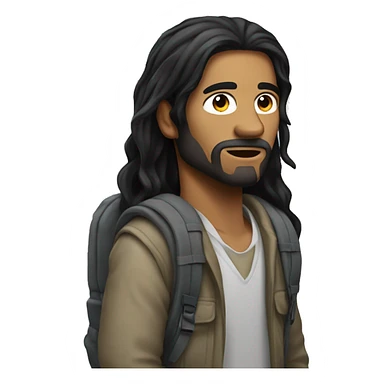 Homeless man with long straight black hair wearing backpack sticker