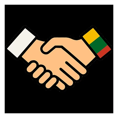 Fix the Polish flag sleeve so it is a simple white over red horizontal bicolor, in the handshake with the Lithuanian flag. Maintain the style and composition of the original image. sticker