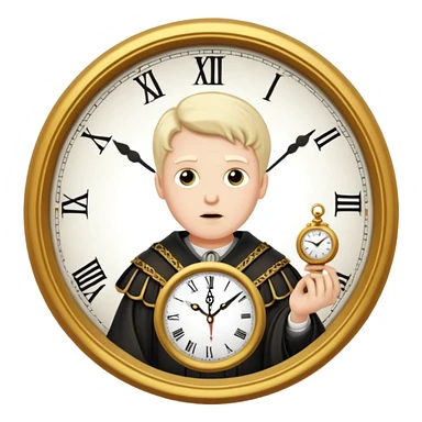 a 1600s judge with a hurried expression holding a clock that ticks VERY FAST  sticker