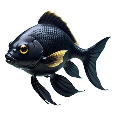 Cinematic Noble Black Goldfish Portrait Emoji, Poised and regal, with a sleek, streamlined build and a lustrous, deep black body, deep-set soulful golden eyes, Simplified yet sharp and sophisticated features, highly detailed, glowing with a soft, dignified glow, high shine, intelligent and graceful, stylized with an air of aquatic elegance, focused and attentive, soft glowing outline, capturing the essence of a watchful and confident aquatic companion, so majestic it feels as though it could glide out of the screen with effortless authority! sticker