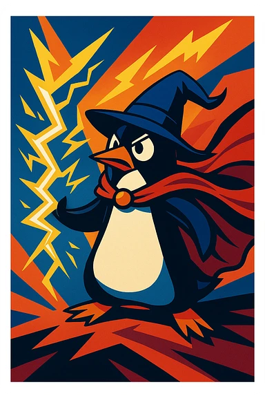 heroic penguin wizard with a dramatic cape and lightning magic, bold dynamic style, vibrant toon style sticker