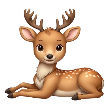 Cute beige deer lying down, legs folded, soft fur with lighter spots, big eyes, gentle smile, short antlers, simple cartoon style. sticker