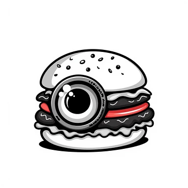 A burger with a camera lens as the bun sticker