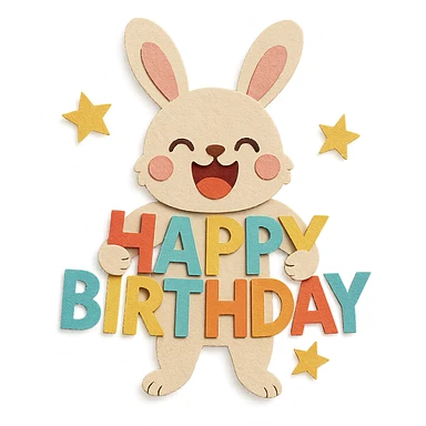 laughing bunny hugging 'Happy Birthday' letters with stars, full body, paper-craft style sticker