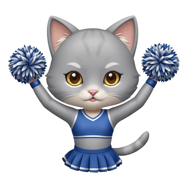 A cute chibi sleek grey cat cheerleader twirling pom-poms with confident energy. sticker
