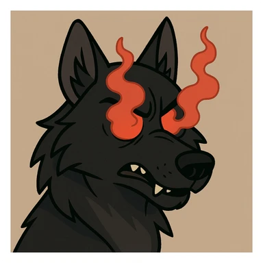 a black wolf head with red smoke eyes, modern cartoon style sticker