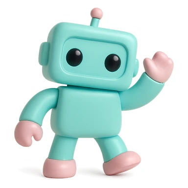 robot with boxy body and round eyes, vinyl figure style, shiny surface, playful pose, simple background sticker