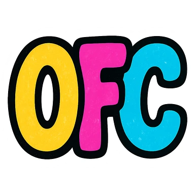 OFC letters, playful and rounded, as a logo sticker