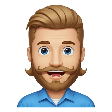 25 year old man, manicured beard, moustache and flavor savor, brown puffy mullet, blue eyes, big smile, white teeth, big lips, pronounced jaw sticker