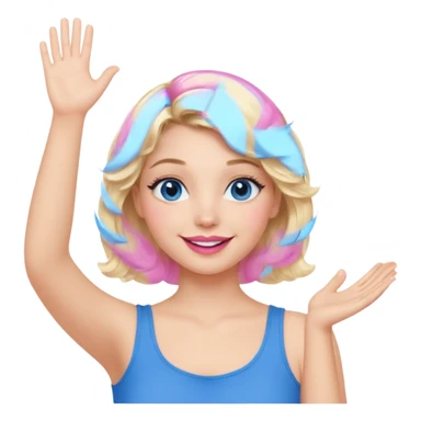 Girl Blonde short wavy hair,  blue eyes, cute blue top, long lashes, pink lips, smiling, one hand in the air sticker