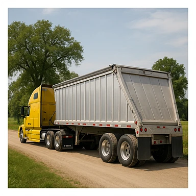 long silver end dump trailer hooked to a Volvo yellow semi sleeper truck, both in normal driving position, photorealistic rear three-quarter angle view, daytime country scene with trees, grass, and a dirt road, truck driving away sticker