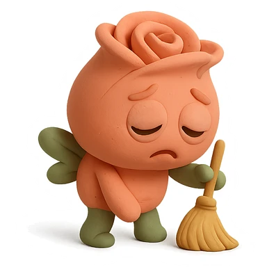 Keep the same claymation-style soft pink rose flower character with puffed cheeks, dark round eyes, chubby round body, curled rose petals on top, and stubby green leaf arms and legs. Change the expression to droopy eyes and an exhausted face, with a slumped posture while sweeping with a tiny broom. Pastel tones, chibi round shape sticker