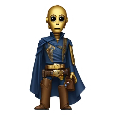 darkblue-pearl friendly smiling bounty hunter c3po droid wearing leather wild west duster, backpack, saddlebags and light saber ready to fight at ease. steampunk sticker