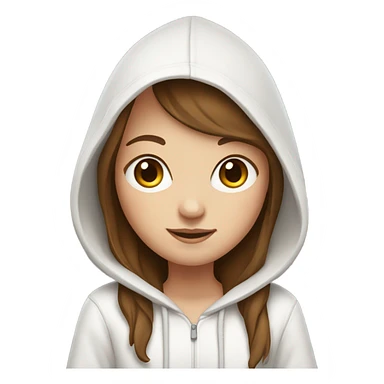 white girl with straight long brown hair and bangs, wearing a white hoodie, holding a laptop in her hands sticker