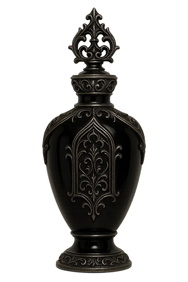 gothic perfume bottle, black glass with silver accents, no background sticker