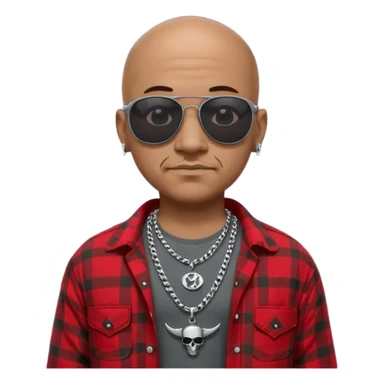 bald mexican cholo with black oakley sunglasses a silver necklace witth h engraved on emblem and flannel shirt sticker