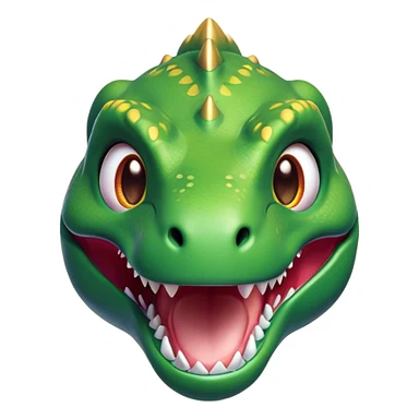 Cinematic Cute T-rex Portrait Emoji, Head tilted playfully with a big, endearing smile, featuring a compact, fierce yet friendly form with a massive head, tiny arms, and sparkling, mischievous eyes, Simplified yet irresistibly adorable features, highly detailed, glowing with a warm, inviting prehistoric glow, high shine, affectionate and lively, stylized with a touch of whimsical dinosaur charm, soft glowing outline, capturing the essence of a mischievous yet lovable T-rex that seems as if it could stomp out of the screen into your heart! sticker