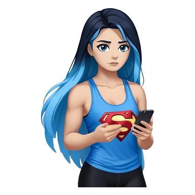 Shameful disappointed crying-very very very very big chest-texting on a samsung cell phone-very long straight flowing black to sky blue hair ombre-blue eyes-black eyeliner-long eyelashes-plastic sparkling sky blue very low cut tank top with sparkling superman logo-black leggings-nike sneakers sticker
