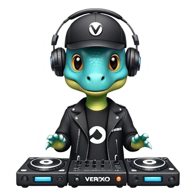 Dinosaurio muy tierno músico DJ con ropa negra futurista con nombre verexxo  sticker