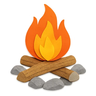 campfire, layered paper details, bright orange and yellow flames, logs and rocks, naturalistic setting sticker