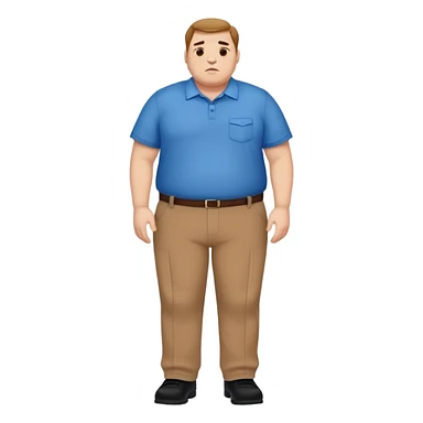 A man in a blue shirt, brown pants, and black shoes who is overweight. sticker