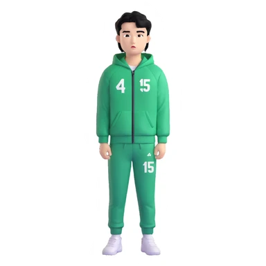 Draw Seong Gi-hun (Player 456), Korean male, messy black hair, green tracksuit with white number 456 printed on chest. sticker