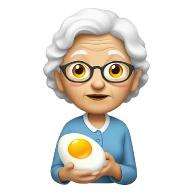 old lady with egg sticker