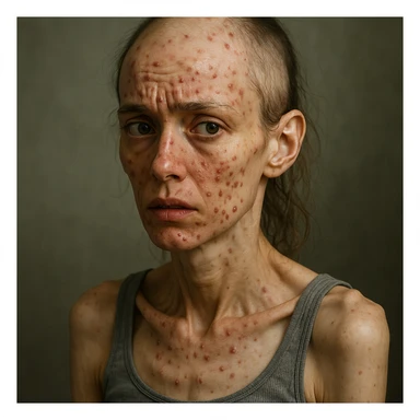 woman rapidly losing weight, worsening hormonal condition, presence of acne and alopecia, hyper realistic style, worried expression, realistic details, atmosphere suggesting discomfort sticker