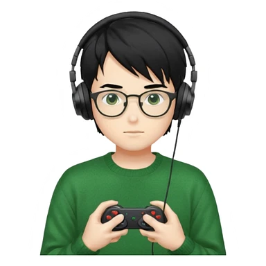
gamer, Gorgeous green sweater black hair anime style shojo guy glasses, headphone, gamepad sticker